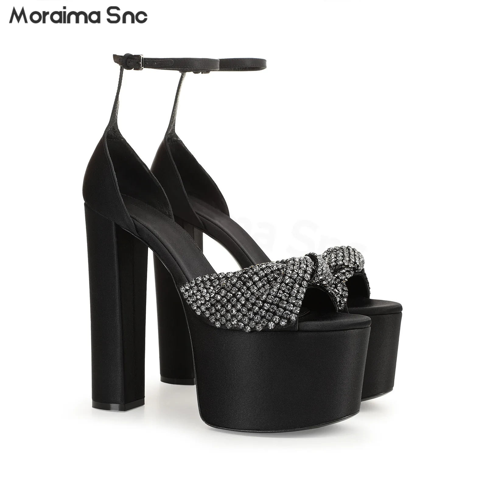 Rhinestone Cross Pleated Sandals Summer New Open Toe Round Toe Super High Heel Sandals Ankle Buckle Large Size Sexy Women's Shoe