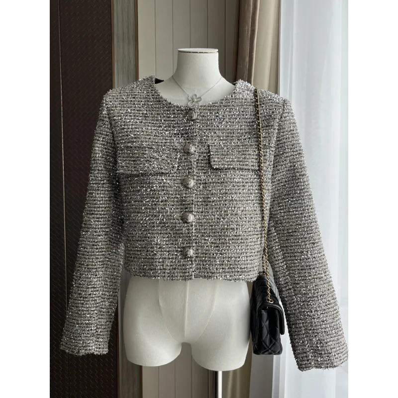 Женский твидовый пиджак с круглым вырезом