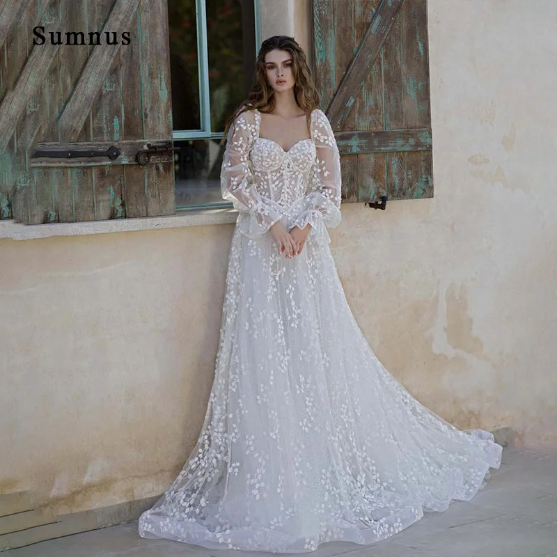 

Sumnus Boho Dotted Wedding Dress Long Puff Sleeve Sweetheart Bride Gown Tulle Wedding Gowns Plus Size Robe de Mariee Custom Made