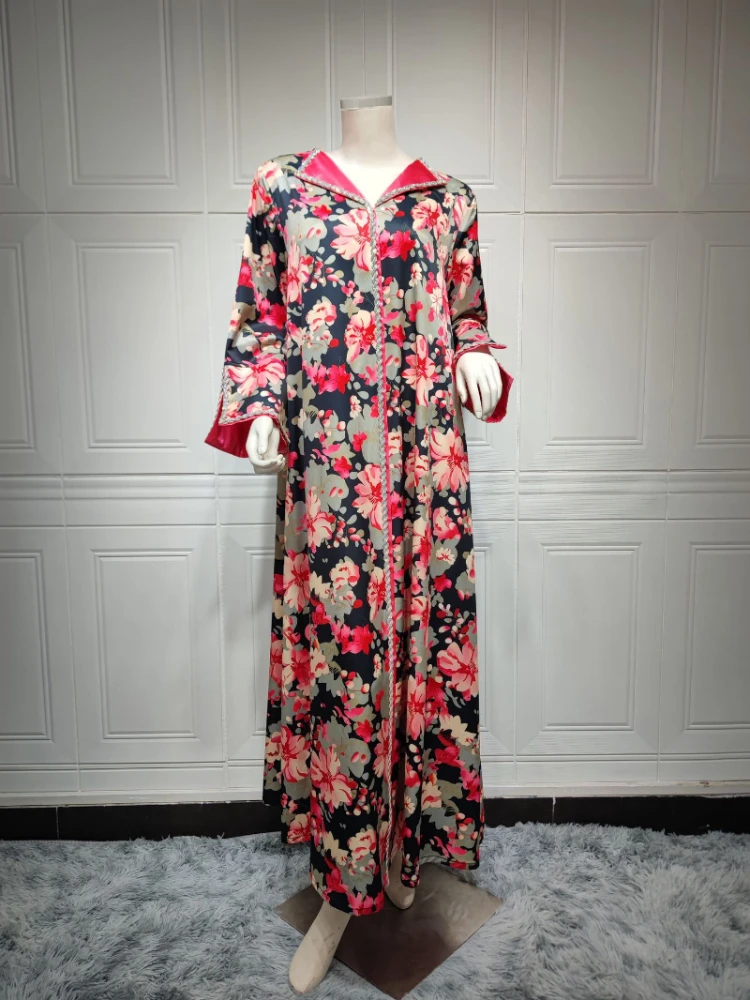 Fashion Dubai Arab Muslim Dress for Women Chic Twists Rhinestone Lapel Long Sleeve Moroccan Jalabiya Islamic Clothing kaftan
