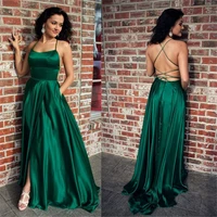 women sexy evening party dress satin spaghetti strap formal prom gown backless a line long evening gowns with pockets high split
