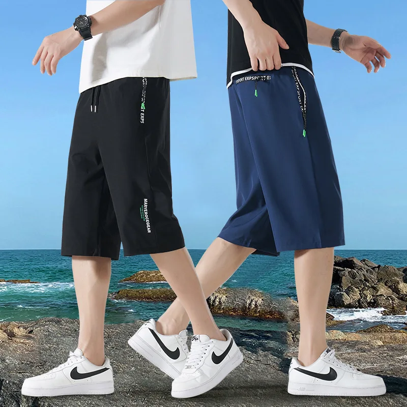 

Ice Silk Male Summer Wear Outside Shorts Men Straight Seven Points Loose Thin Section Quick Dry Beach Casual Pants Breathable