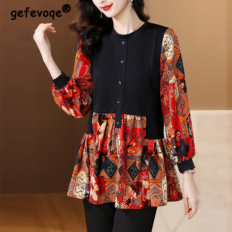 Женская винтажная блузка составного кроя с длинным рукавом и принтом