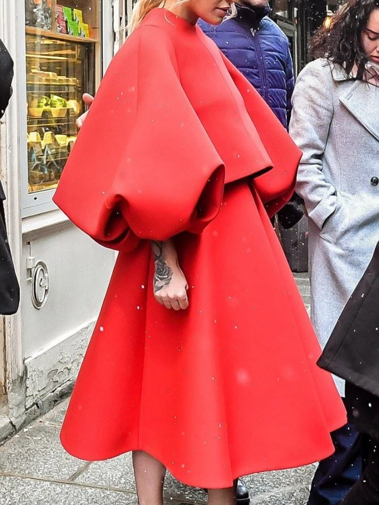 

Two Piece Sets for Women Red O Neck Puff Sleeve Tops and High Waist Skirts Elegant A Line Midi Skirt Casual Loose Outfits 4XL