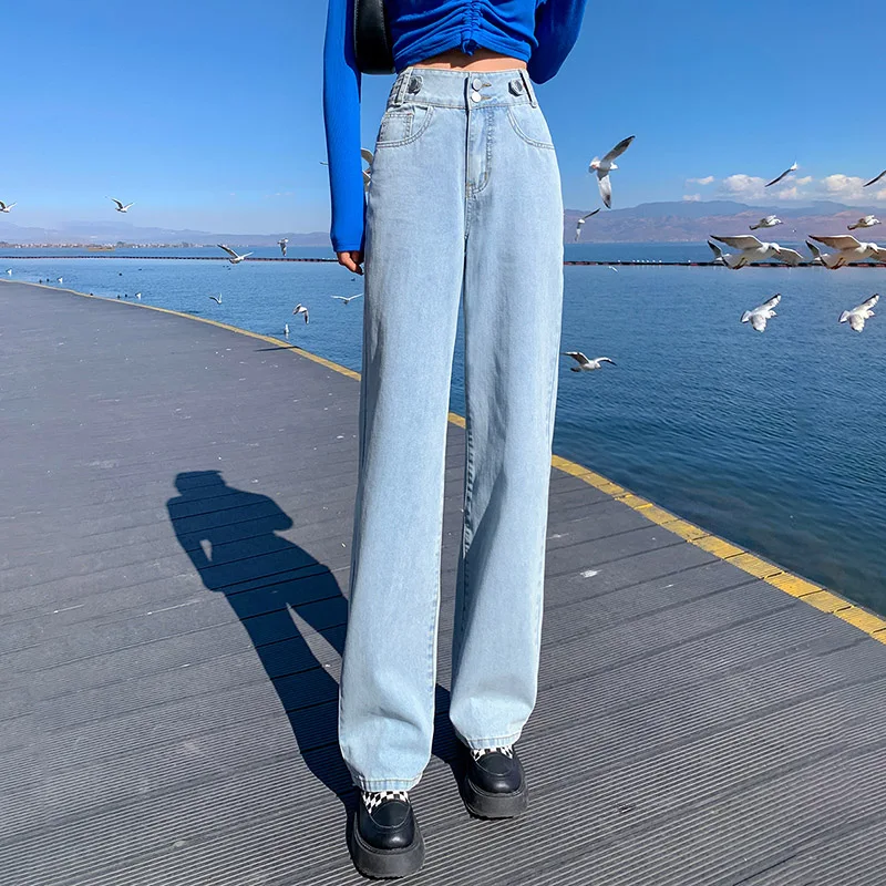

Женские винтажные прямые джинсы с высокой талией, повседневные мешковатые джинсовые брюки в уличном стиле, корейские женские джинсы с широ...