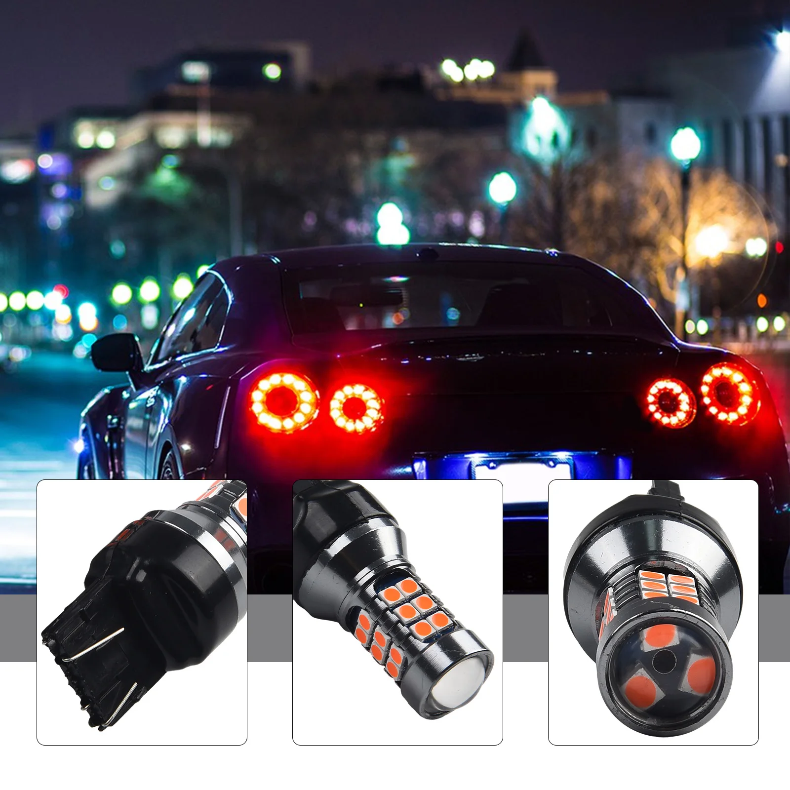 

4PCS 7443 7440 Car Brake Light LED Red Strobe Flash Blinking Brake Stop Tail Parking Light Bulbs 6500K Auto Driving Lamps