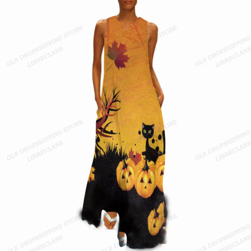 

Sleeveless Halloween Vestidos Women Fashion Loose V-neck Long Party Evening Dresses Halloween Maxi Dress Elegant Boho Beach Robe