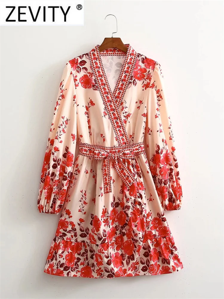 

ZEVITY Women Vintage Cross V Neck Position Floral Print Sashes Mini Dress Female Chic Hem Ruffles Zipper Vestidos Mujer DS1288