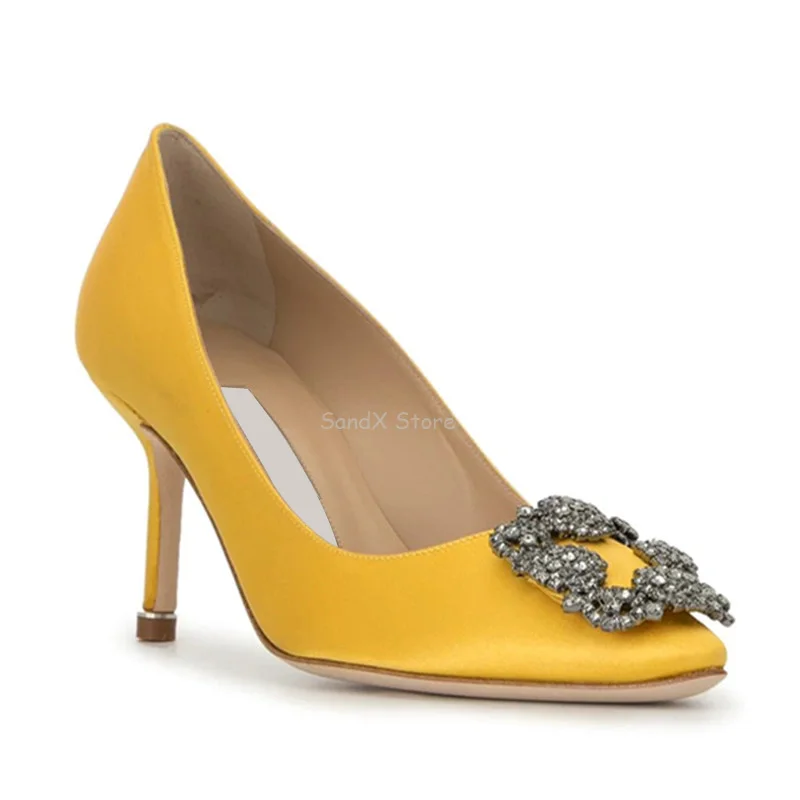 Single Shoes 2023 Spring and Autumn New Women's High Heels Rhinestone Square Buckle Pointed Fashion Luxury High Heels