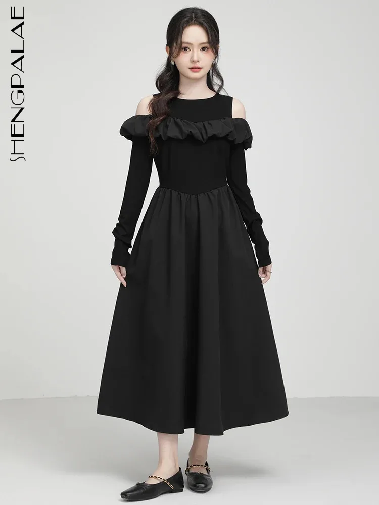 

SHENGPALAE осеннее вязанное платье для женщин с открытыми плечами, дизайнерское платье с оборками и длинным рукавом, темпераментное Платье трапециевидного силуэта, новинка 2023, 5R7897