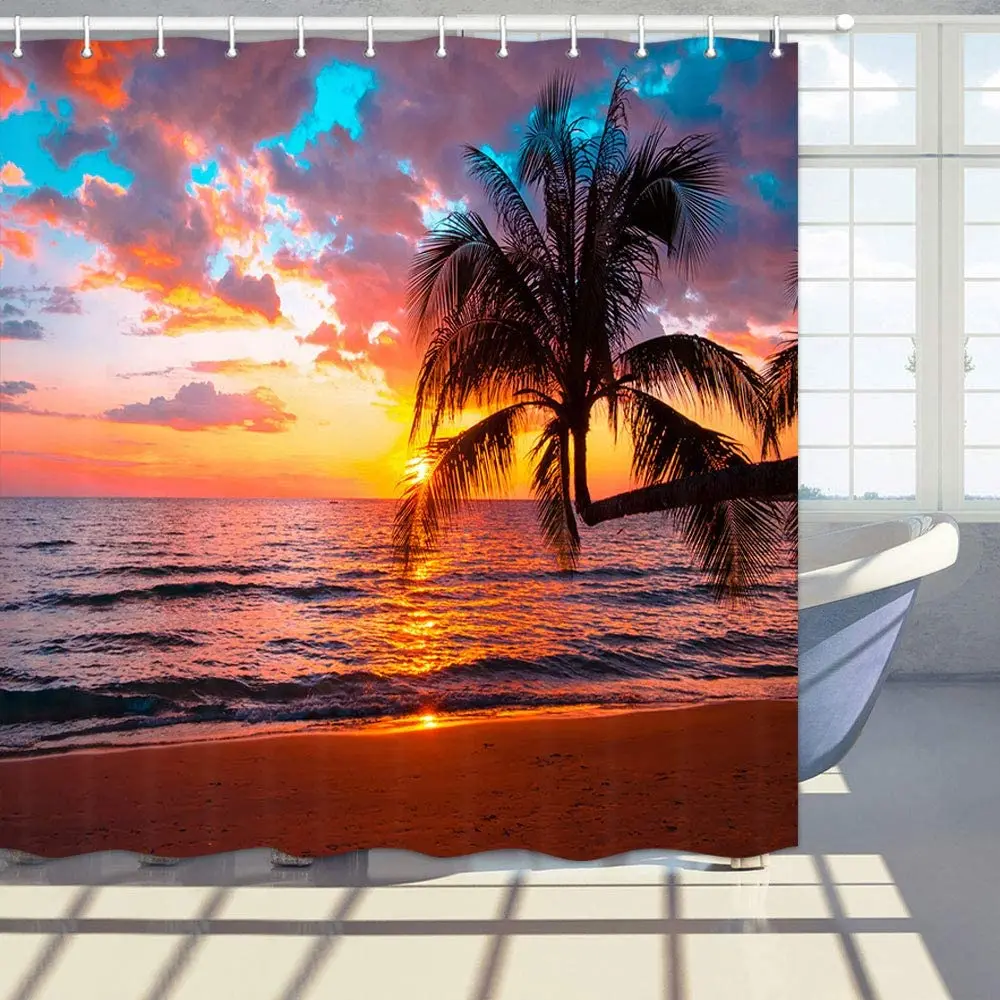 

Ocean Shower Curtain Tropical Scenery Sea Beach Waves Dusk Sunset Landscape Fabric with Hooks Palm Trees Bathroom Curtains