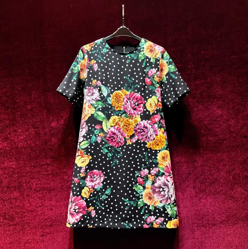 European and American women's dress 2023 summer new style Round neck short sleeve heavy stitching beads dot floral print dress