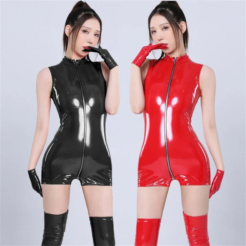 Autumn New Jumpsuit Women Clothes For Night Club Bar Spice Girl Car Model Zipper Sleeveless Tight Wrap Hip Bright Lacquer Shorts