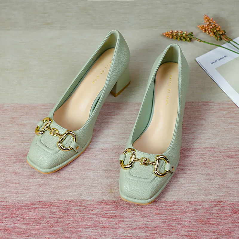 2023 Spring and Autumn New Women's Shoes Retro Square Toe High Heels Horsebit French Mary Jane Casual Professional Shoes