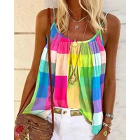 2022 summer women colorblock plaid print flowy cami top fashion femme spaghetti strap daily vacation outfits robe clothing