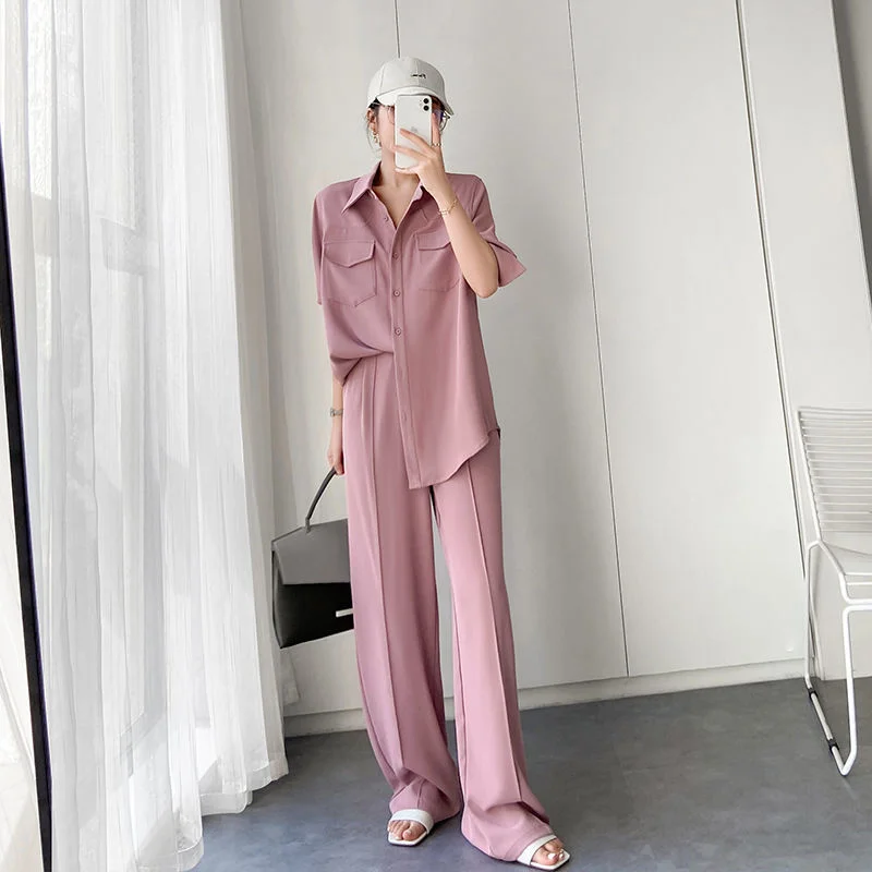 

Fashion Suit Women's 2022 Summer Korean Elegant Leisure Thin Wide Leg Pants Long Sleeve Shirt Vertical Feeling Two Pieces Set