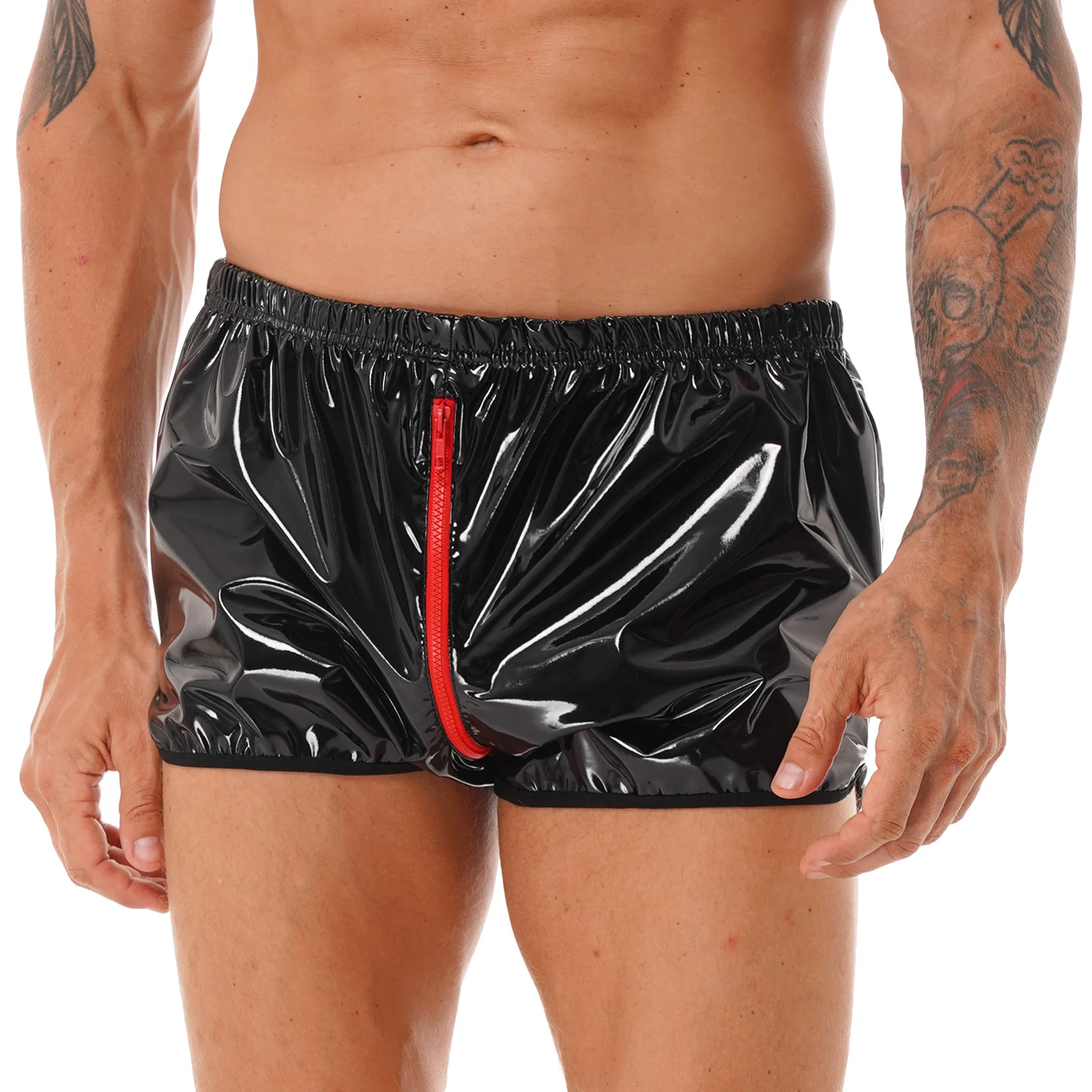 Men Latex Lingerie Panties Patent Leather Shorts Man Zipper Crotch Short Pants Wetlook Underpants for Nightclub Pole Dancing