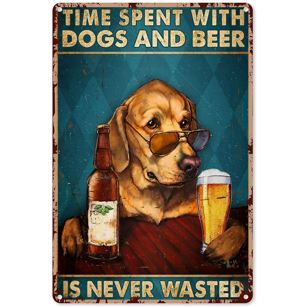 

Wall Art Golden Retriever Time Spent with Dog and Beer Will Never Waste Metal Tin Sign Retro Poster Wall Decoration Art Gift