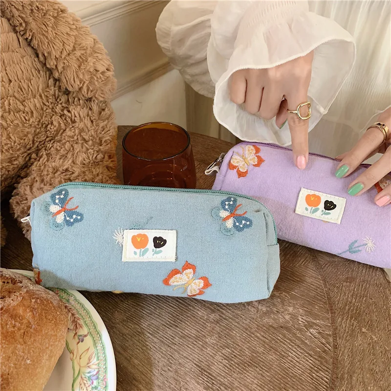 

Cotton Makeup Bag Soft Simple Embroidery Butterfly Large Capacity Fabric Stationery Storage Bag Makeup Bag Female Makeup Pouch