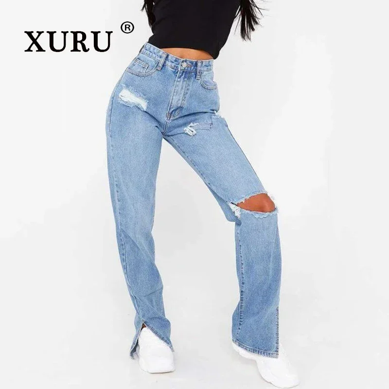 

XURU - New European and American Style Split Leg Jeans for Women, High Waisted and Slim Straight Denim K7-6697