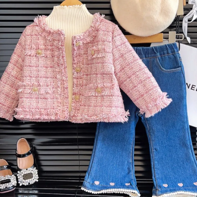 

Осень-зима 2023, детский комплект одежды из 2 предметов для девочек, хлопковое пальто с открытым стежком, бархатные джинсовые расклешенные брюки с эластичным поясом для маленьких девочек