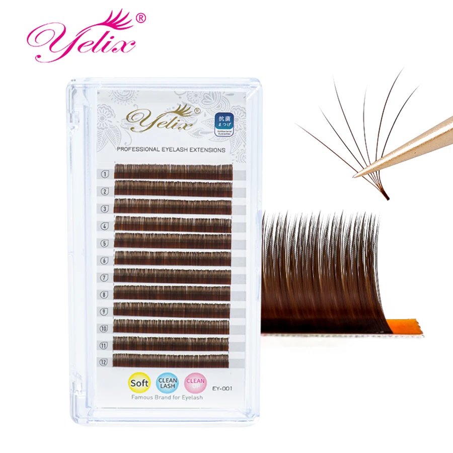 Yelix Dark Brown Easy Fanning Eyelash Extensions Soft Silk Easy Blooming Lashes Brown Lash Extensions Faux Mink Lashes Natural
