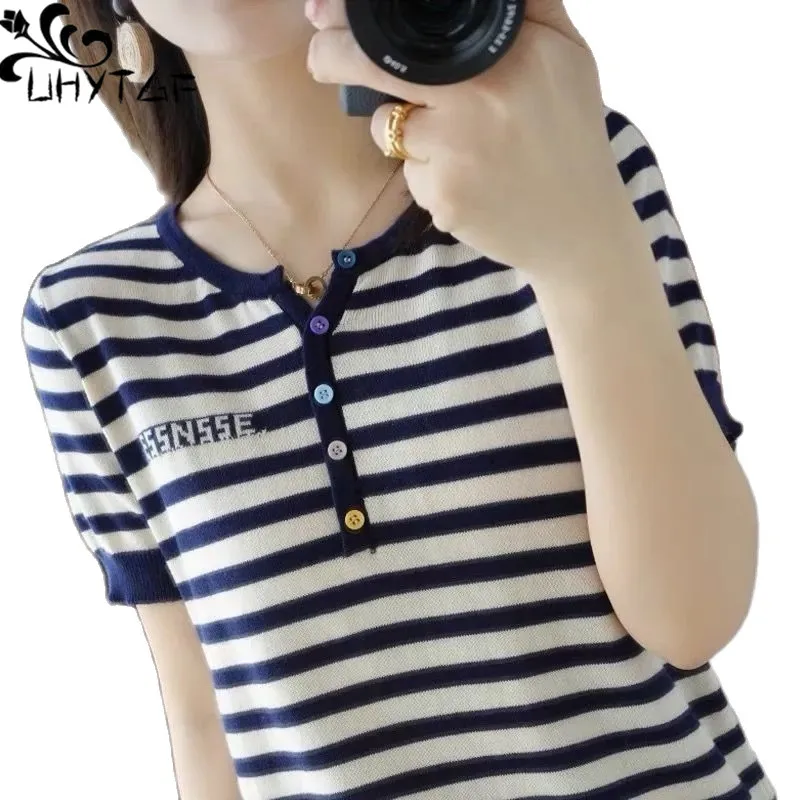 

UHYTGF Ice Silk Knitted Summer T-Shirt Fashion Striped Casual Top Women Short-Sleeved Pullover Thin Big Size Bottoming Shirt 28