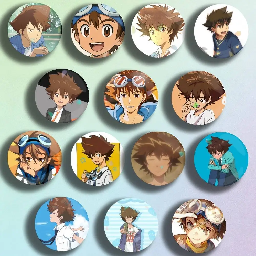 Фото Эмалевые значки Digimon Yagami Taichi для рюкзаков и одежды, ручной работы, круглые, для украшения сумок и в качестве подарка №1