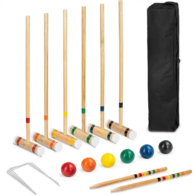 

32in Wood Croquet Set w/ 6 Mallets, 6 Balls, Wickets, Stakes, Carrying Bag - Multicolor