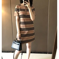 2022 spring and summer new striped long ice silk sweater contrast striped dress women