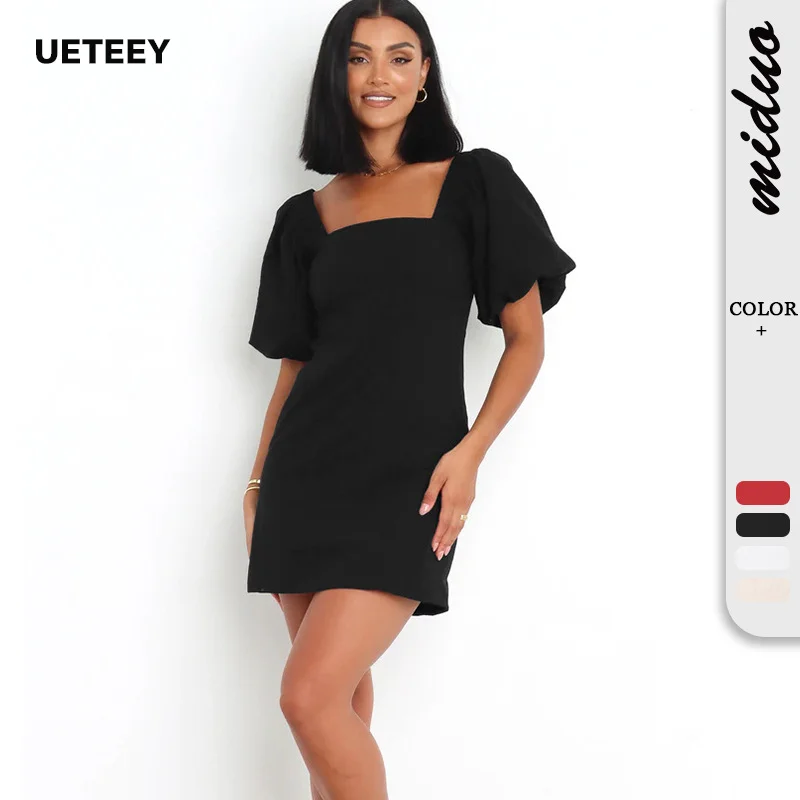 

Fashion new style lantern short sleeve open back square neck sexy dress temperament high sense slim skirt