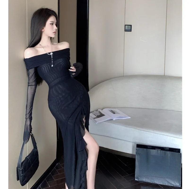 Женское платье Ezgaga с вырезом лодочкой длинным рукавом и открытыми плечами