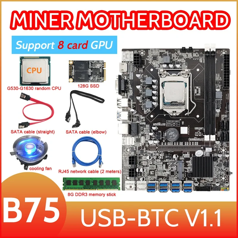 B75 8 Card BTC Mining Motherboard+CPU+Fan+8G DDR3 RAM+128G SSD+2XSATA Cable+Network Cable 8USB3.0 GPU LGA1155 DDR3 MSATA