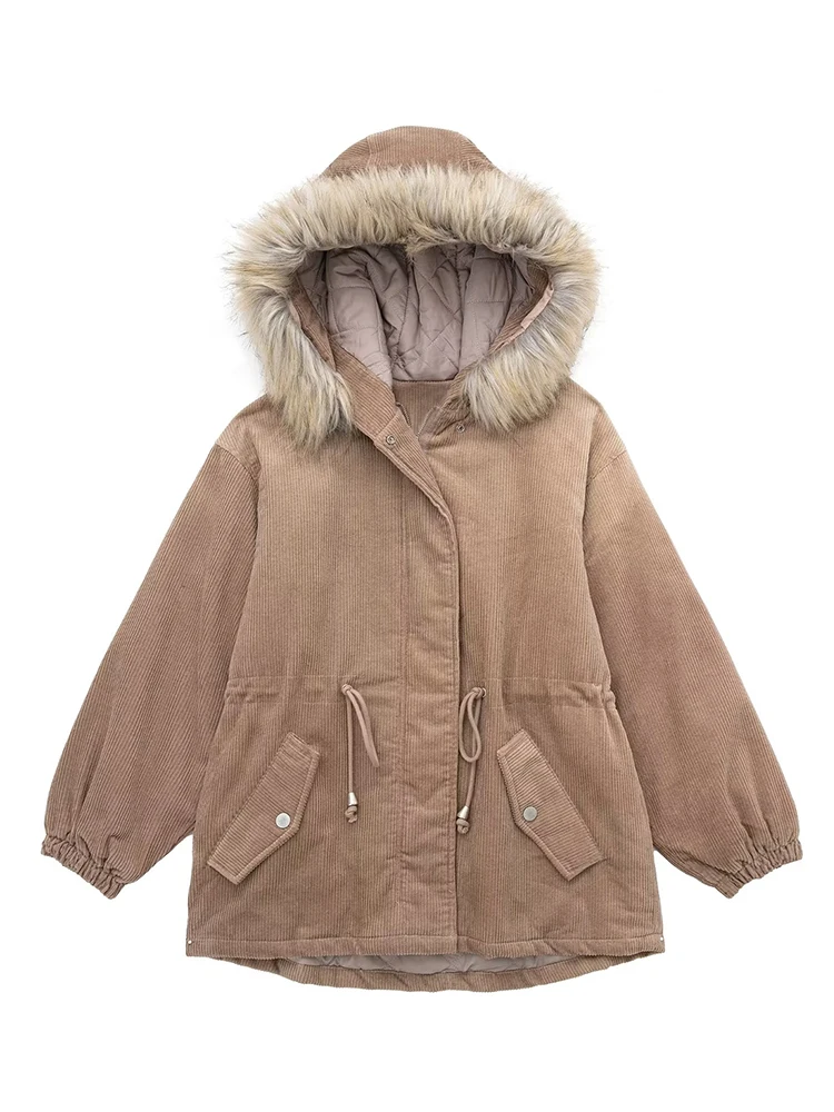 

YENKYE Women Corduroy Oversize Hooded Parkas 2022 Winter Long Sleeve Pockets Female Warm Coat