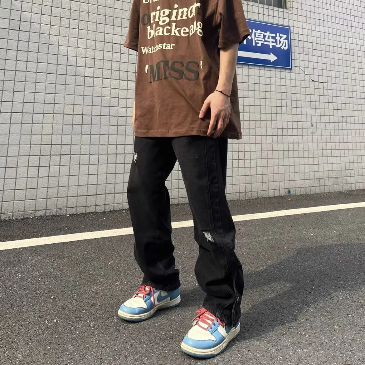 2022 New Fashion Black Streetwear Baggy Men Wide Jeans Pants Y2K Letter Embroidery Ripped Hole Straight Hip Hop Denim Trousers