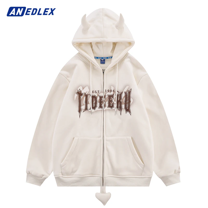 

Men Hip Hop Hoodie Jacket Streetwear Letter Embroidery Demon Zip Hooded Sweatshirt Winter Fleece Cotton Harajuku Casual Coats