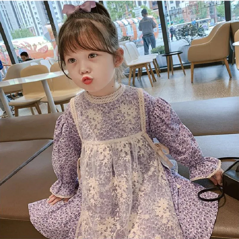 

Floral Girls Dress Kids Clothes Blue Autumn Summer Toddler Beach Party Outfits Teenagers Uniform Cotton Children Lolita Cloth