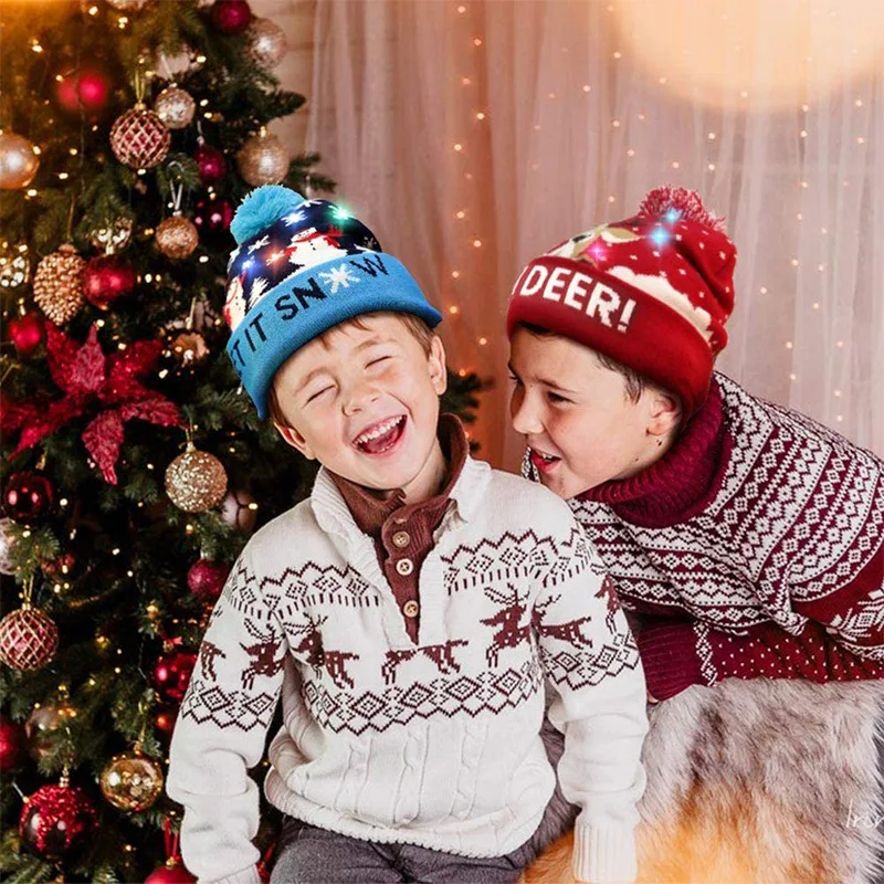 

LED Christmas Hat Sweater Knitted Beanie Christmas Light Up Knitted Hat Christmas Gift for Kids Xmas 2022 New Year Decorations