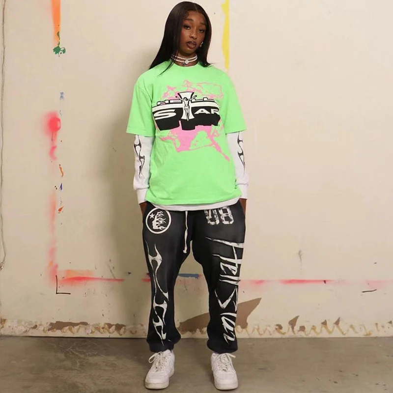 

2023 European and American Trend Hellstar Studios Washed Old Letter Printing Sports Casual Tie Feet Guard Pants