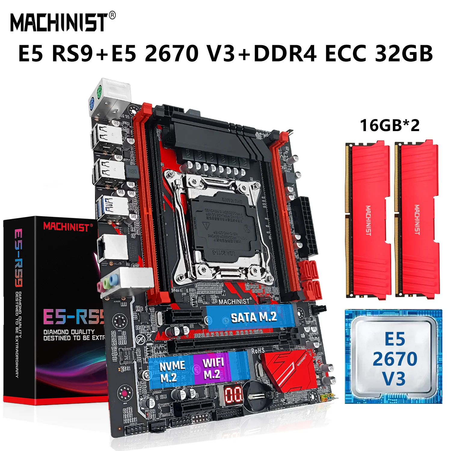 

MACHINIST RS9 X99 Motherboard Set With Kit Xeon E5 2670 V3 CPU Processor LGA 2011-3 32G=2*16G DDR4 ECC RAM Memory NVME SATA M.2