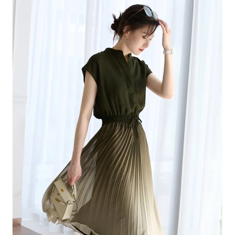 

2023 New French Design Sense Niche Women's Senior Tea Break Skirt Waist Long Pleated Dress Summer