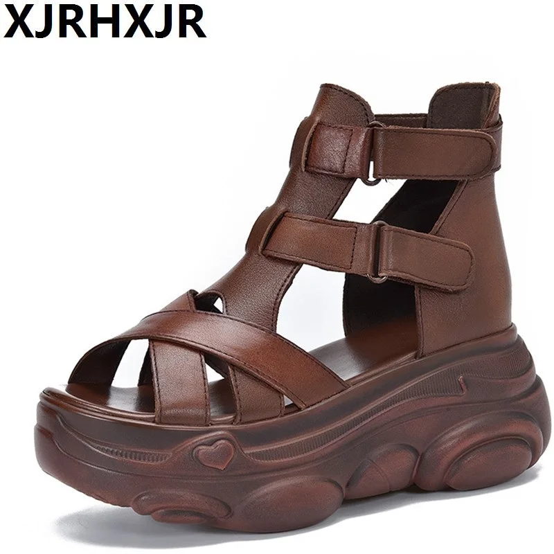 

Genuine Leather Ladies Casual Wedge Ankle Boots Summer Gothic Style Shoes Female Gladiator Platform High Heels Casual Sandals 43