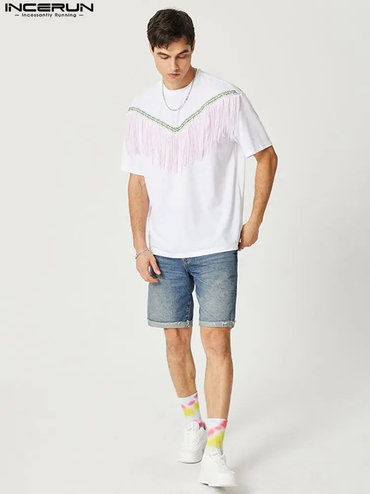 

Handsome Well Fitting Tees Men's Fashion V-neck Camiseta Casual Male Pink Tassel Short-sleeved T-shirts S-5XL INCERUN Tops 2022