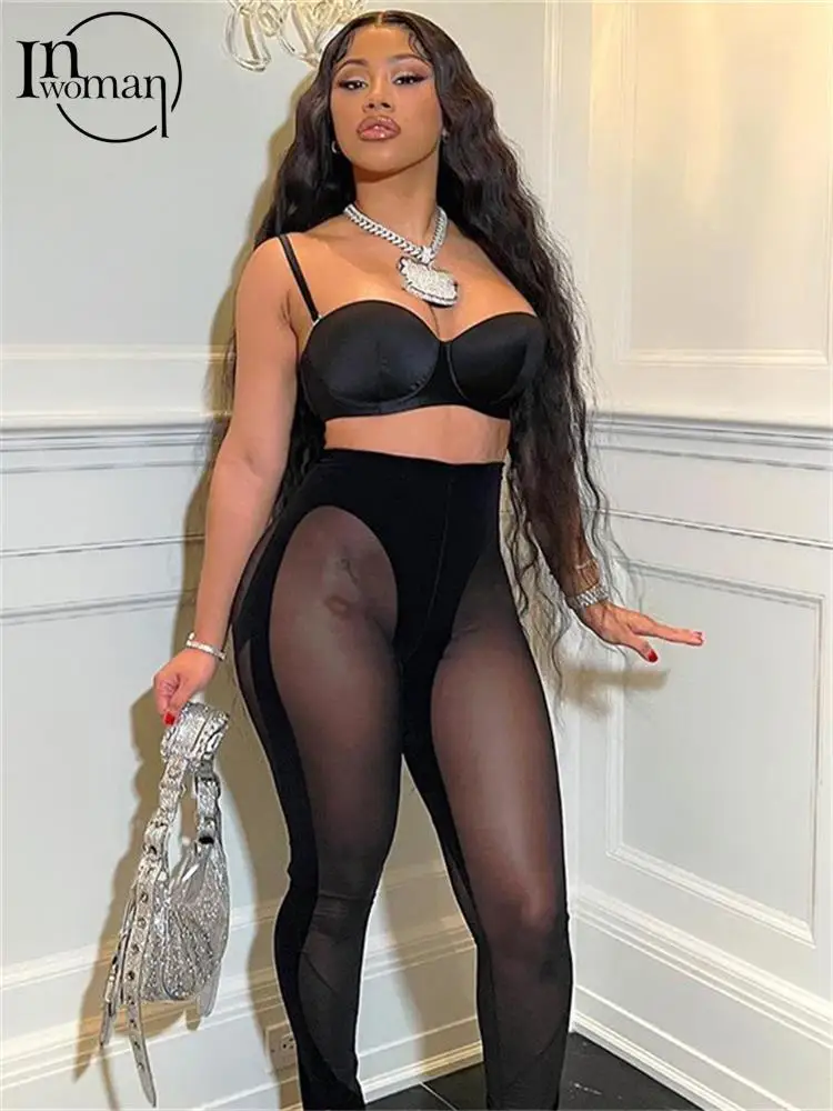 

Inwoman Autumn Sexy Solid Patchwork Workout Leggings For Women 2022 High Waist Mesh Sheer Club Long Pants Female Casual Leggings