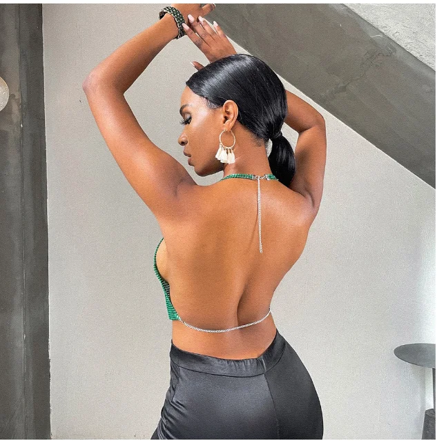 Сексуальный зеленый блестящий Блестящий металлический кроп-топ разразразы