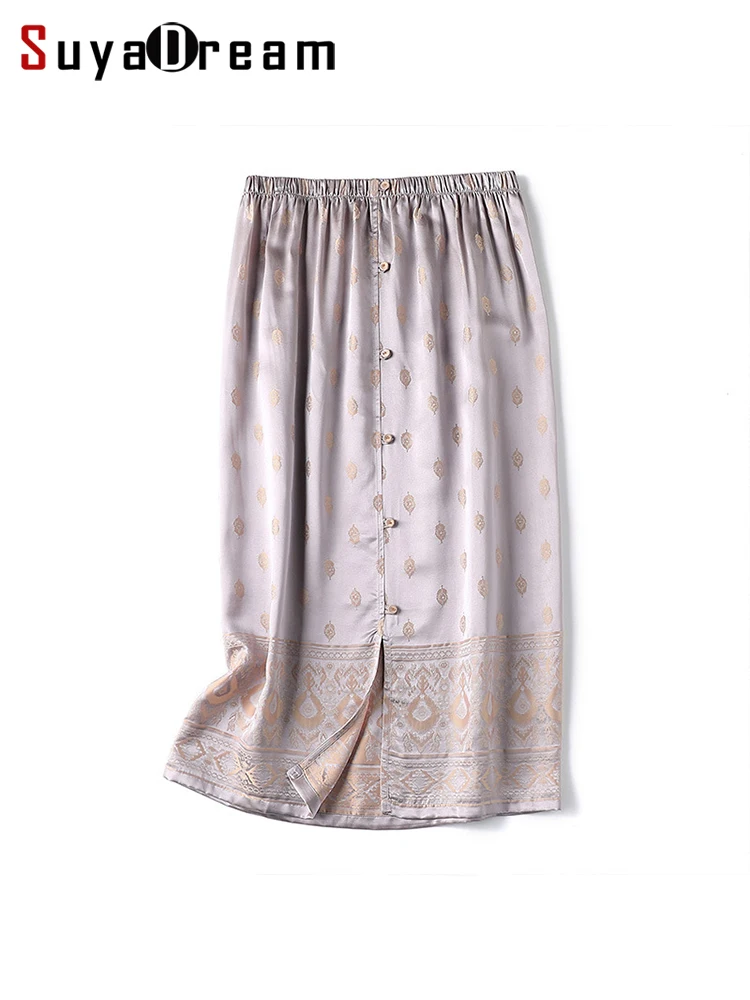 SuyaDream Woman Long Skirt 51%Silk 49%Viscose Elastic Jacquard Vintage 2022 Spring Summer Straight Chic Skirts