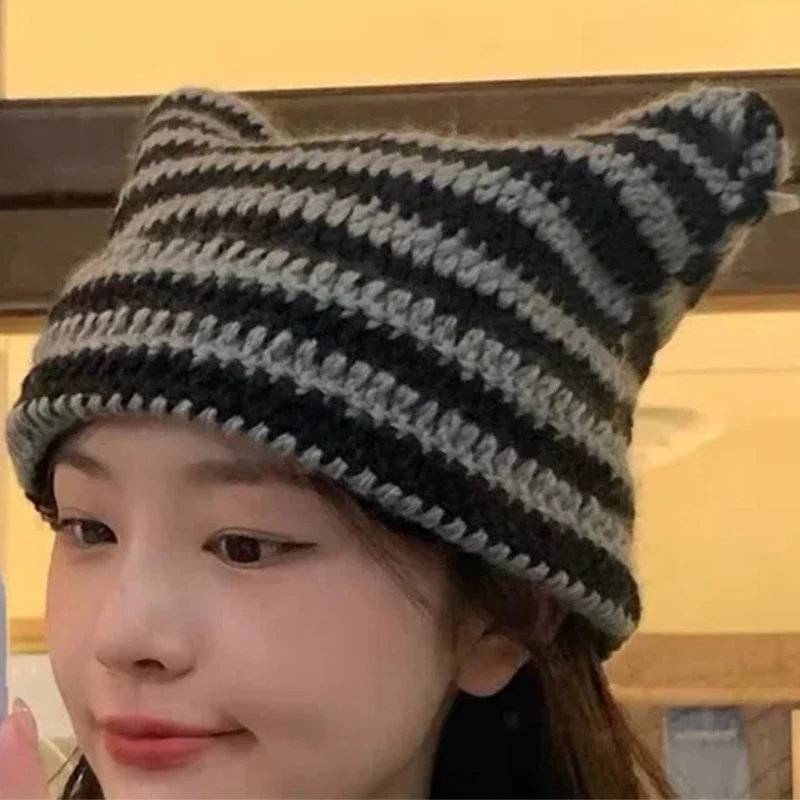 

Ins Little Devil Striped Knitted Wool Cap Y2K Japanese Beanie Hat Autumn and Winter Cute Cat Ears Pointed Pullover Women's Hats