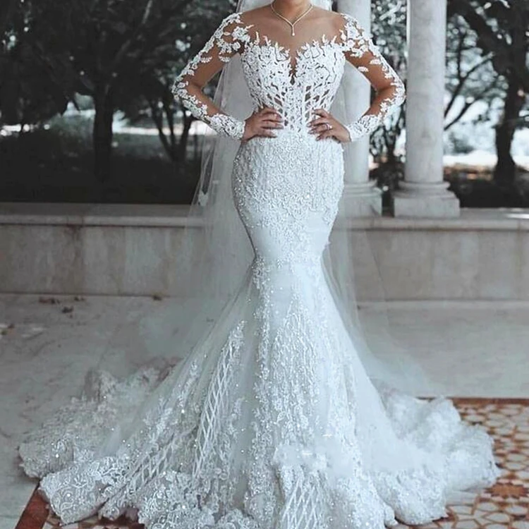 

Lace Wedding Dress Mermaid Illusion Bodice vestido de noiva Long Sleeve Sheer Neck Appliques Bridal Gowns