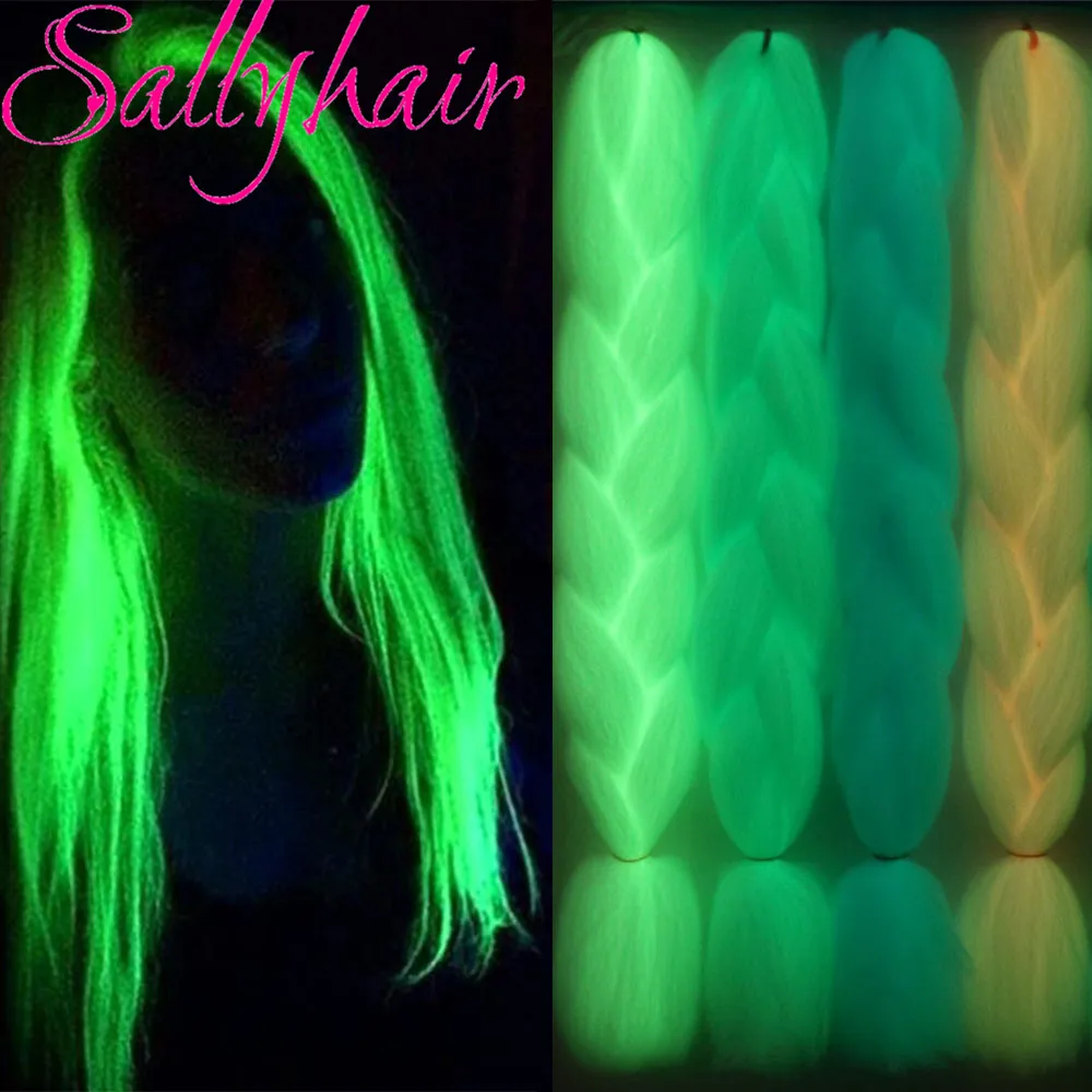 Extensiones de cabello trenzado sintético brillante, luminosas, Sallyhair, fluorescente, en la oscuridad Shinnning, trenzas Jumbo