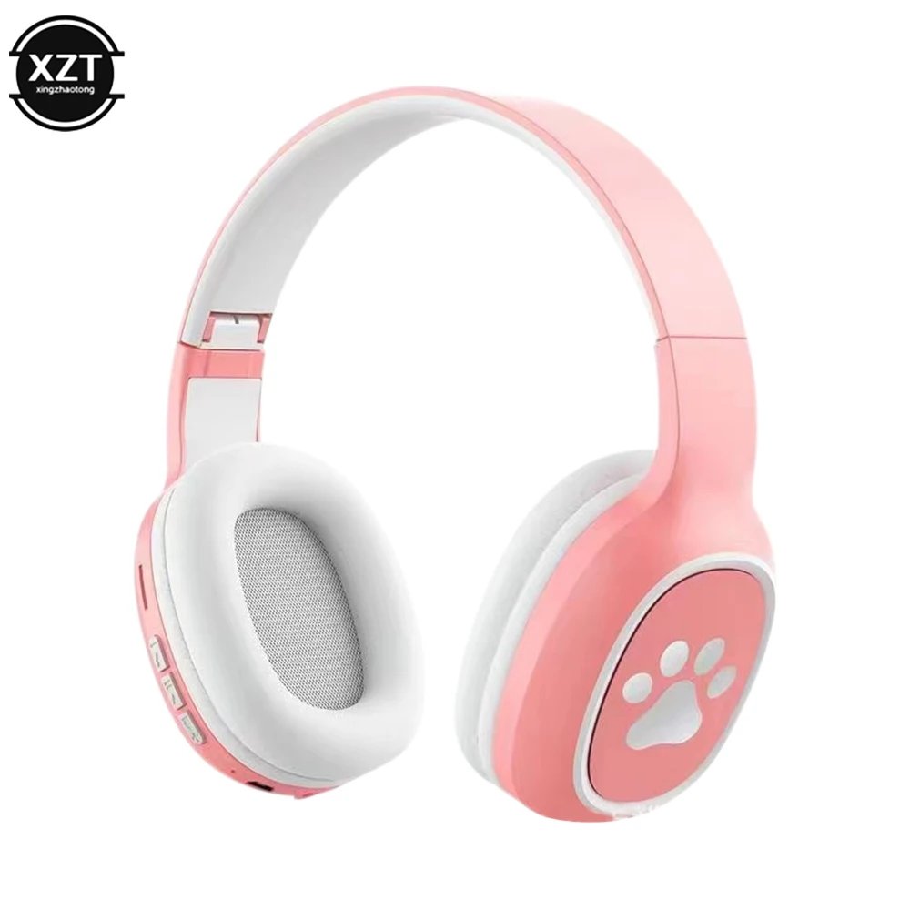 Foldable Bluetooth-Compatible 5.0 Headset Wireless Over Ear Headset Cute Cat Paw Design with Microphone for Girl Kids Phone PC